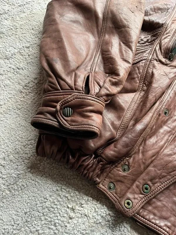 Vintage 90s Flight Aviator Mens Brown Sheepskin Collar Leather Bomber Jacket Siz – photo 2